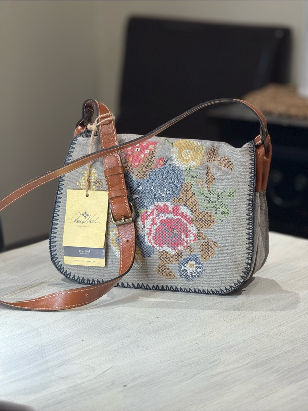 Vintage Patricia Nash Floral Postiano Crossstitch Crossbody in Brown and Gray